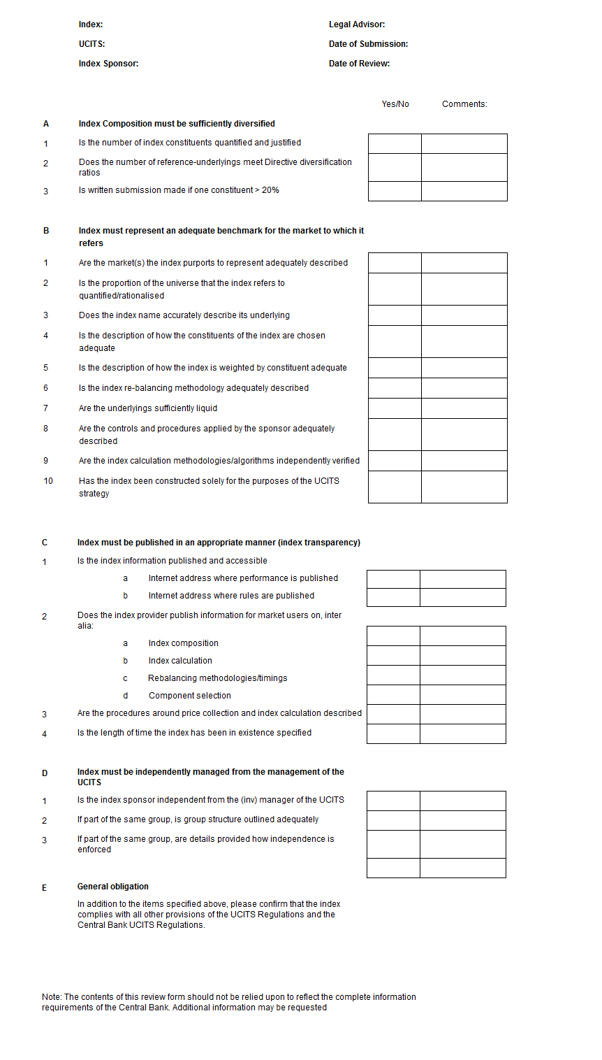 UCITS Financial Indices Central Bank of Ireland
