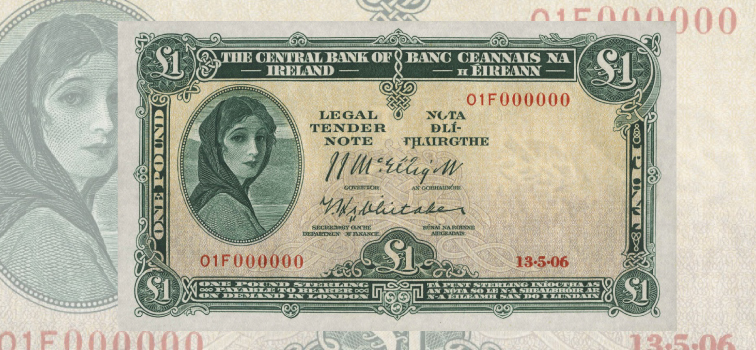 An image of the £1 note from the Series A Banknotes also known as the Lady Lavery notes