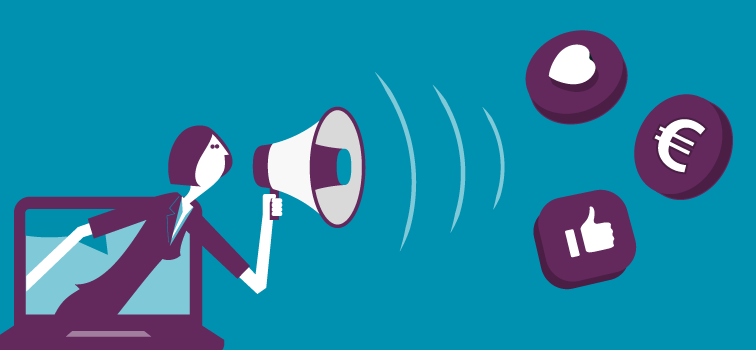 A woman with a loud speaker and a €, Love Heart and Thumbs up sign