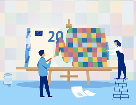 A graphic image of two people paining over a €20 banknote.