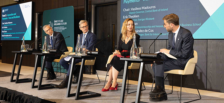 Vasileios Madouros (Deputy Governor, Central Bank of Ireland), Erik Thedéen (Governor, Riksbank), Pablo Hernández de Cos (General Manager, Bank for International Settlements) and Pinar Ozcan (Professor of Entrepreneurship and Innovation, Saïd Business School) speaking at Future of Finance Conference 2026 Vasileios Madouros (Deputy Governor, Central Bank of Ireland), Erik Thedéen (Governor, Riksbank), Pablo Hernández de Cos (General Manager, Bank for International Settlements) and Pinar Ozcan (Professor of Entrepreneurship and Innovation, Saïd Business School) speaking at Future of Finance Conference 2026
