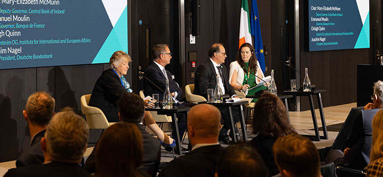 Mary-Elizabeth McMunn (Deputy Governor, Central Bank of Ireland), Orlaigh Quinn (Interim DG, Institute for International and European Affairs), Emmaniel Moulin (Governor, Banque de France), Joachim Nagel (President, Deutsche Bundesbank) speaking at Future of Finance Conference 2026