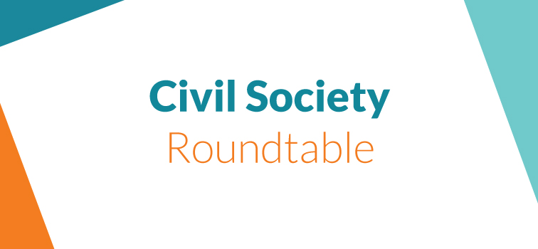 Civil Society Roundtable square image with an orange,, green and blue shading on the edges