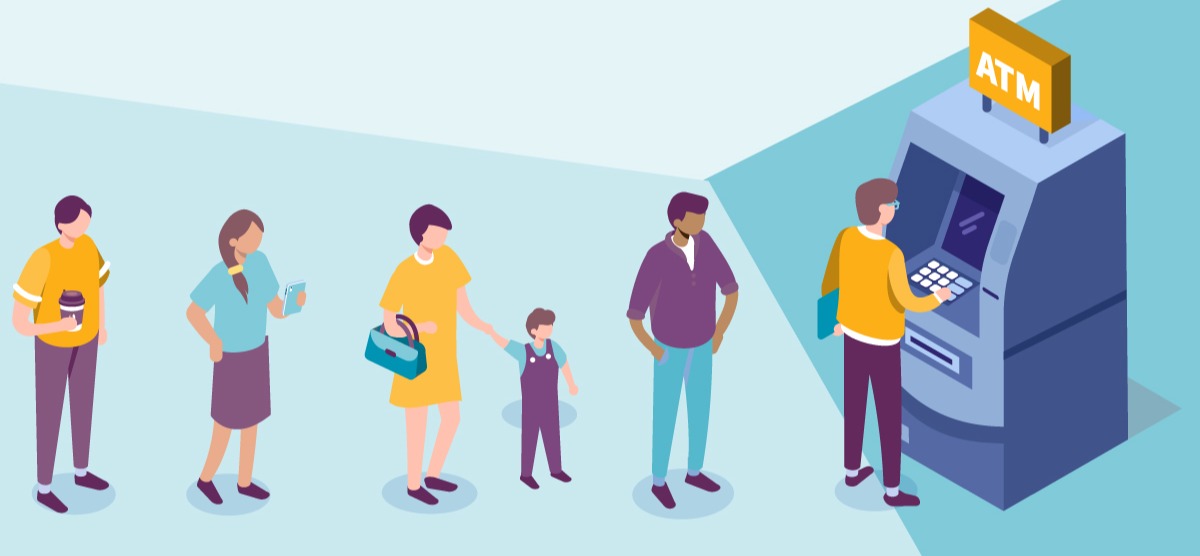 Graphic style showing a line of people queing at an ATM