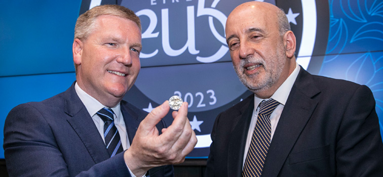 Minister for Finance, Michael McGrath and Governor Gabriel Makhlouf at the EU50 coin launch