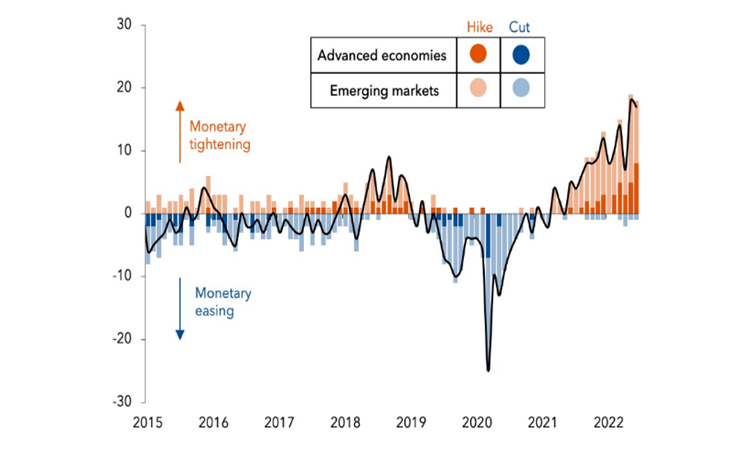 In light of building inflationary pressures, monetary policy has tightened globally