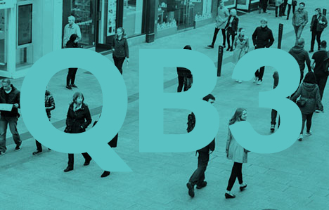 People walking on a street with a green monochrome shade with QB3 written on image