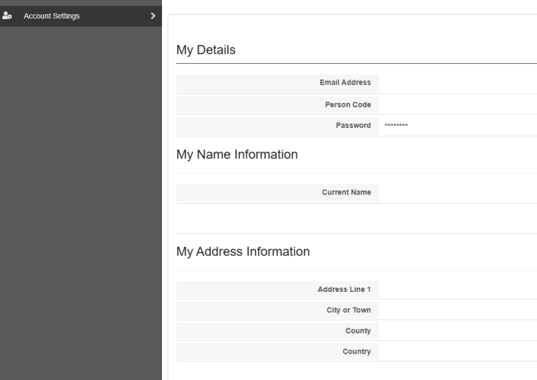 “Account Settings” page showing sections for “My Details” (shows email and person code fields), “My Name Information” (with first and last name fields), and “My Address Information” (with address fields).