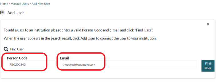Form titled “Manage Users” with input fields for “Person Code” and “Email”, with a “Find User” button.