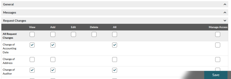 Permission management interface with expandable categories and checkboxes for various permission types.