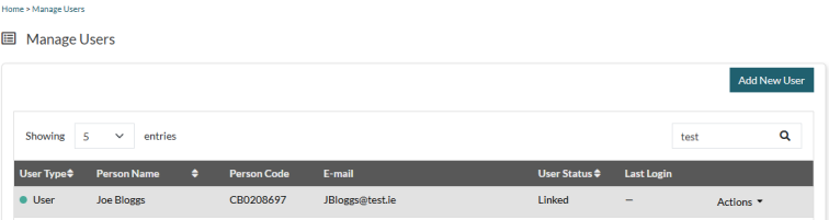 Table with columns for “Role”, “Name”, “Person Code”, “Email”, “Status”, and “Last Login Date”, with an “Actions” button for each user.