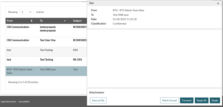 “Messages” interface with the “Sent” tab selected, showing a table of sent messages with sender, recipients, subject, and date columns, and an open message.