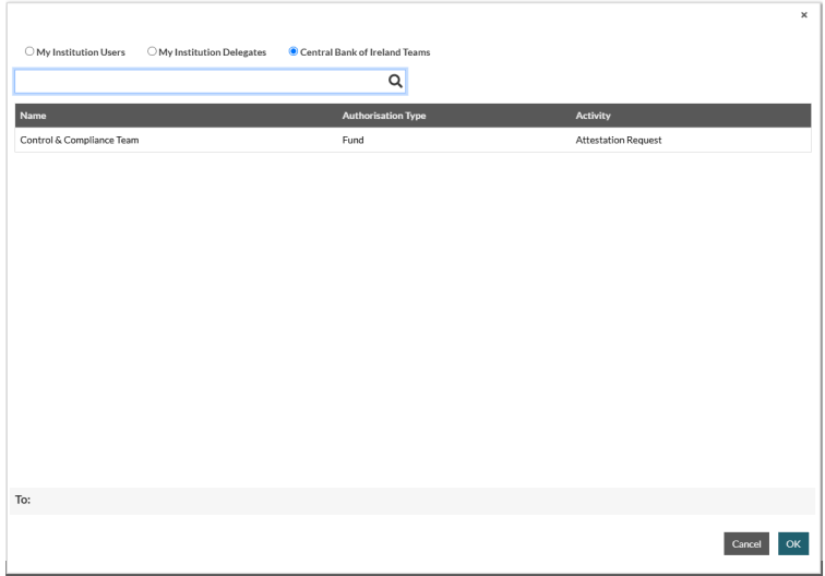 A popup window with two tabs (Portal users and Central Bank of Ireland teams) and a table showing recipients with their names and activities.