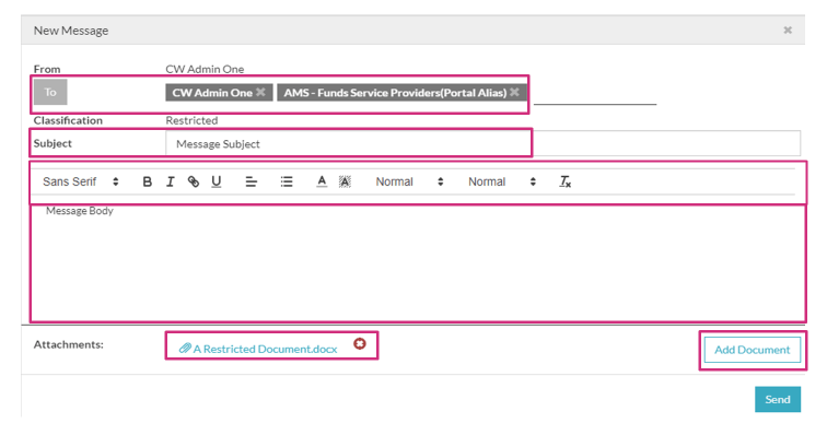A reply message area with text formatting options (bold, italic, underline, bullets) and “Send” button. 