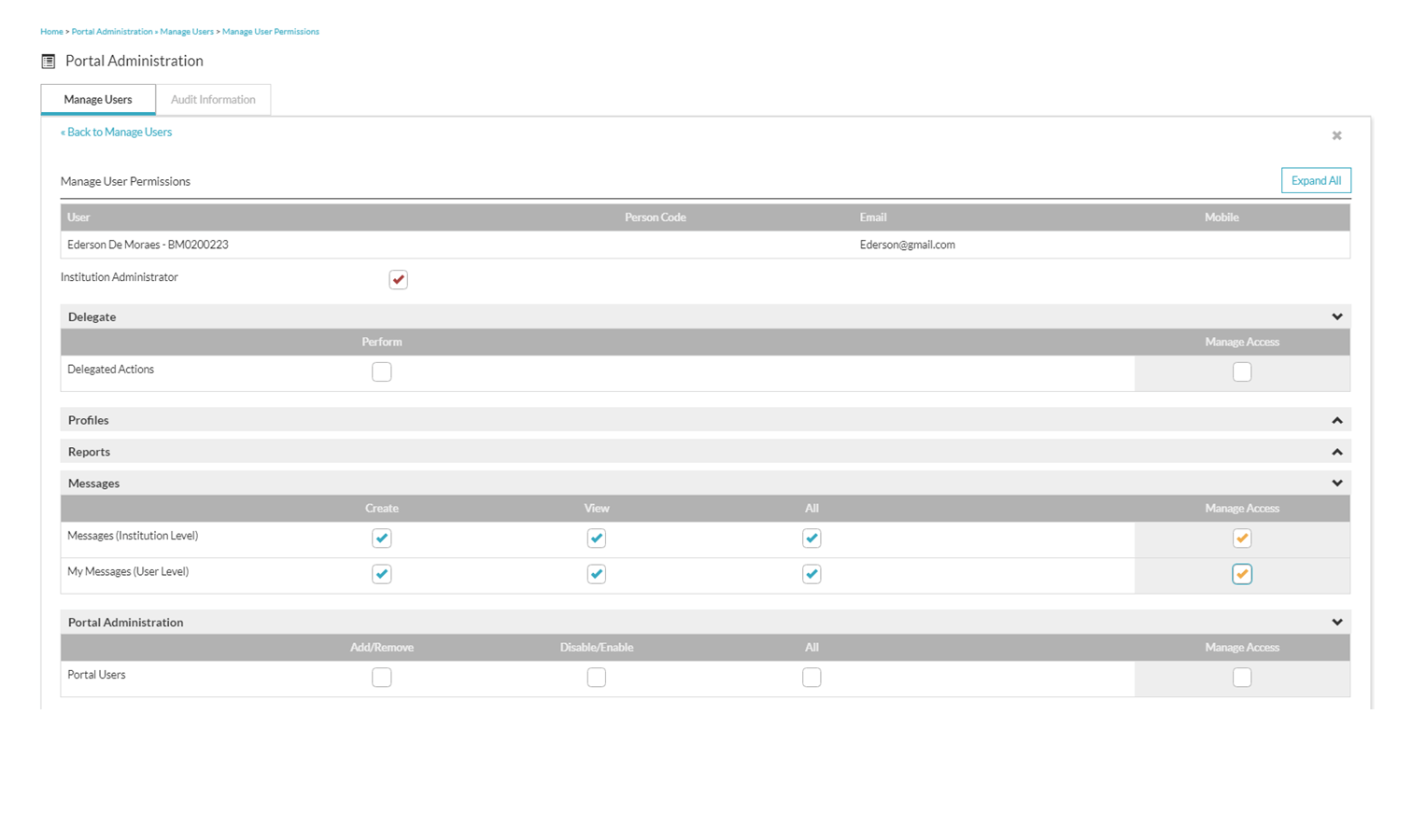 Portal Admin Manage User Permissions