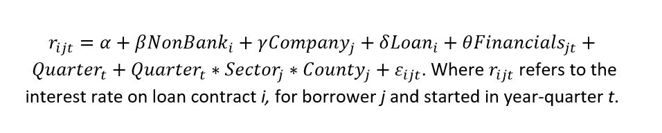 r sub i,j,t equals alpha plus beta times non bank sub i plus gamma times company sub j plus delta times loan sub i plus theta times financials sub j,t plus quarter sub t plus quarter sub t times sector sub j times county sub j plus epsilon sub i, j, t. 