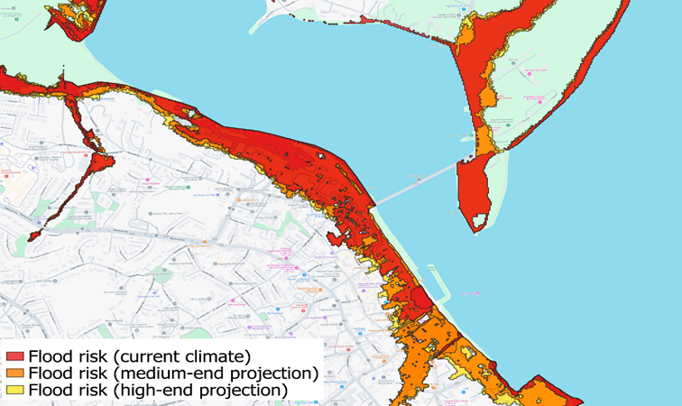 Map of Wexford town showing flood risk under current climate conditions and medium and high-end projections. Current areas at risk of flooding are a subset of the territory predicted to be prone to flooding in future scenarios.