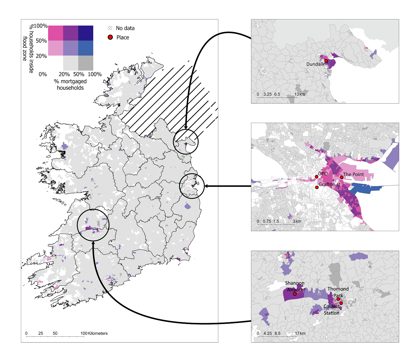 fig3_hq Map of Ireland showing small sample areas in Dundalk, Dublin, and Limerick with high concentrations of both flood and mortgage exposure, highlighting areas of elevated financial vulnerability.