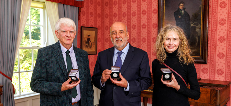 Governor Gabriel Makhlouf pictured with Daniel OConnell's relatives Johnny Cunningham and Nicola Fitzsimons at the Daniel O'Connell commemorative coin launch